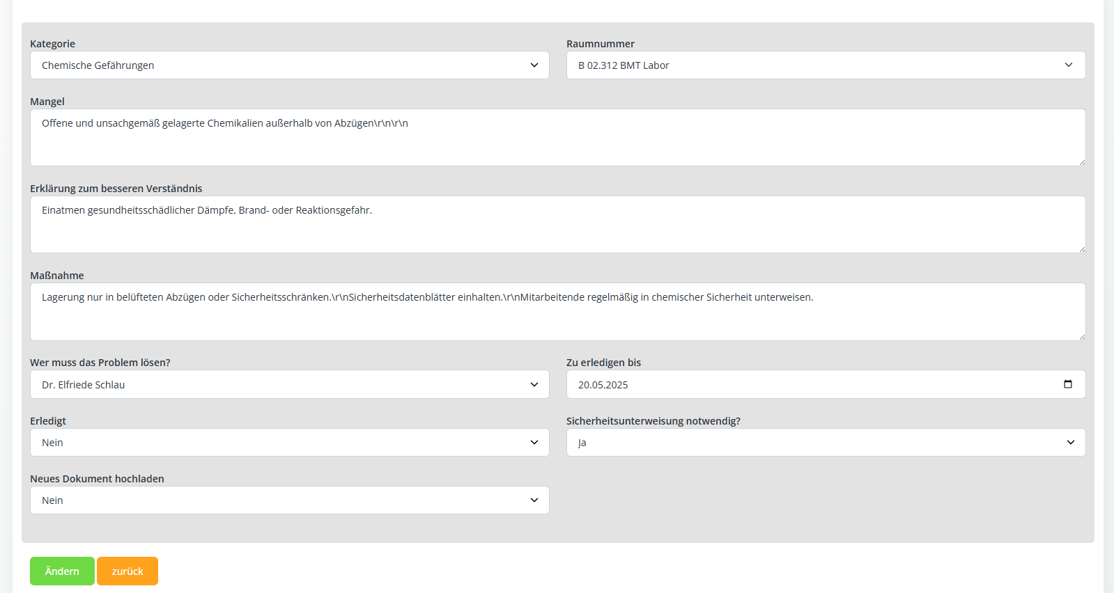 Sicherheitsbegehung Eintrag erstellen